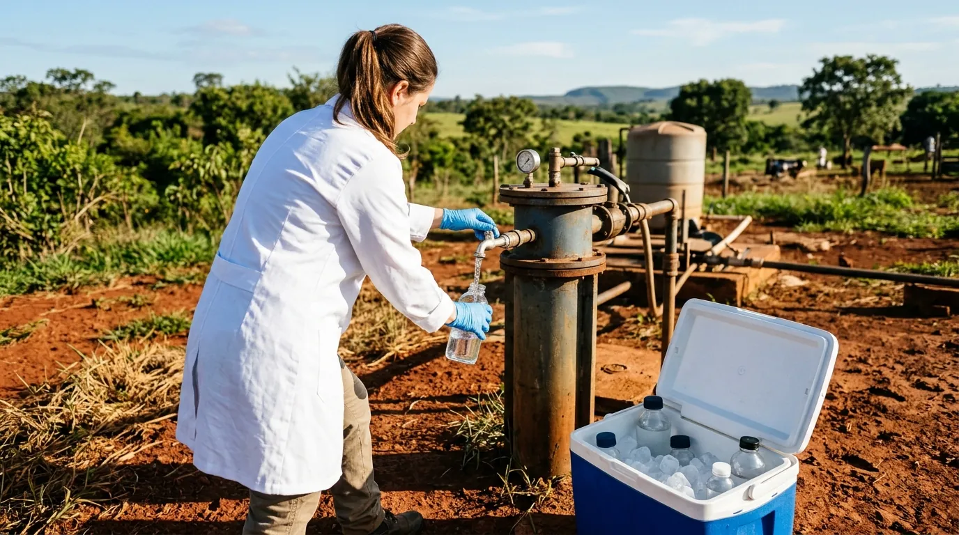 Técnica de jaleco coletando água na torneira de um poço em propriedade rural, ao lado de uma caixa térmica com frascos de amostra no gelo