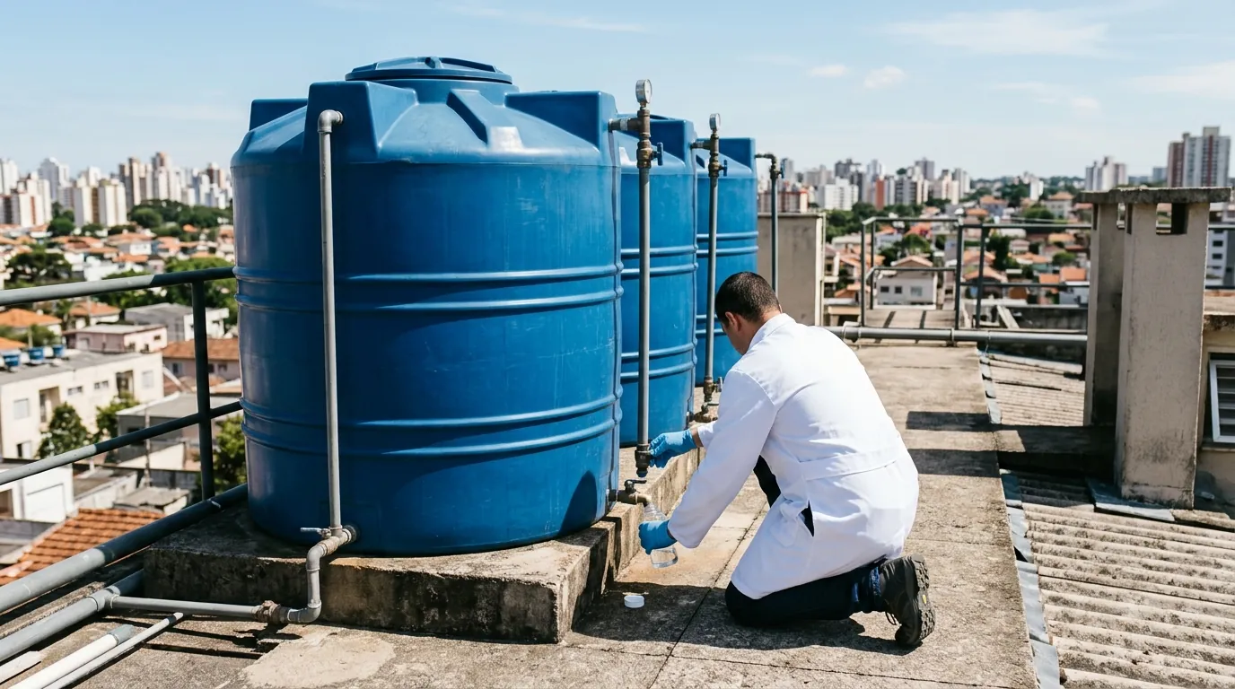 Técnico de jaleco coletando amostra de água no registro de um reservatório azul na cobertura de um condomínio, com a cidade ao fundo