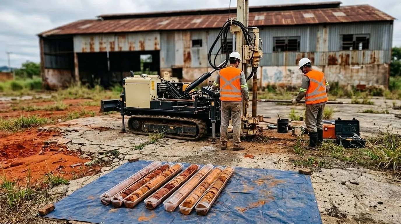 Sonda de amostragem de solo em terreno industrial desativado, com técnicos ao fundo e testemunhos de solo em tubos transparentes sobre uma lona