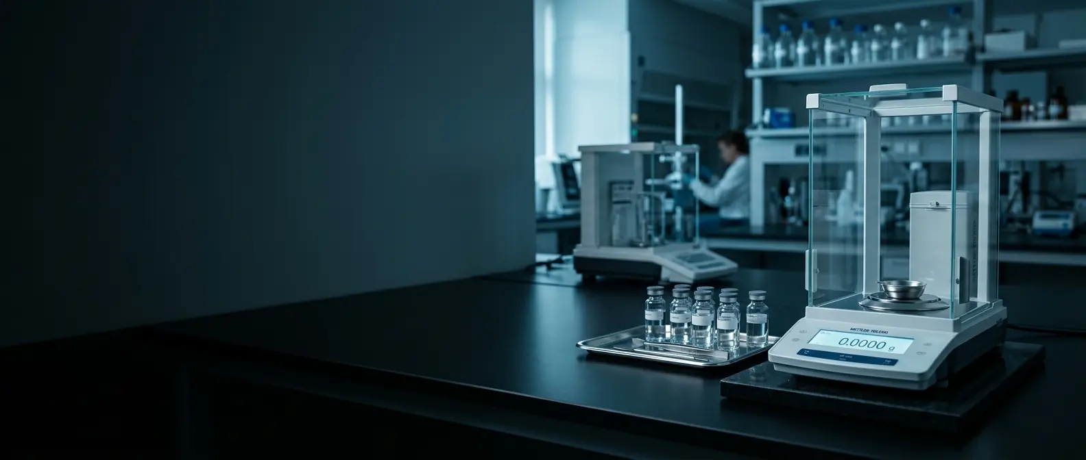 Balança analítica de precisão e padrões de referência em laboratório