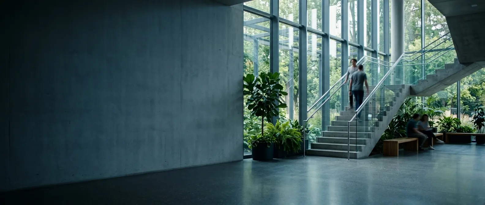 Hall de entrada envidraçado de um edifício de laboratório
